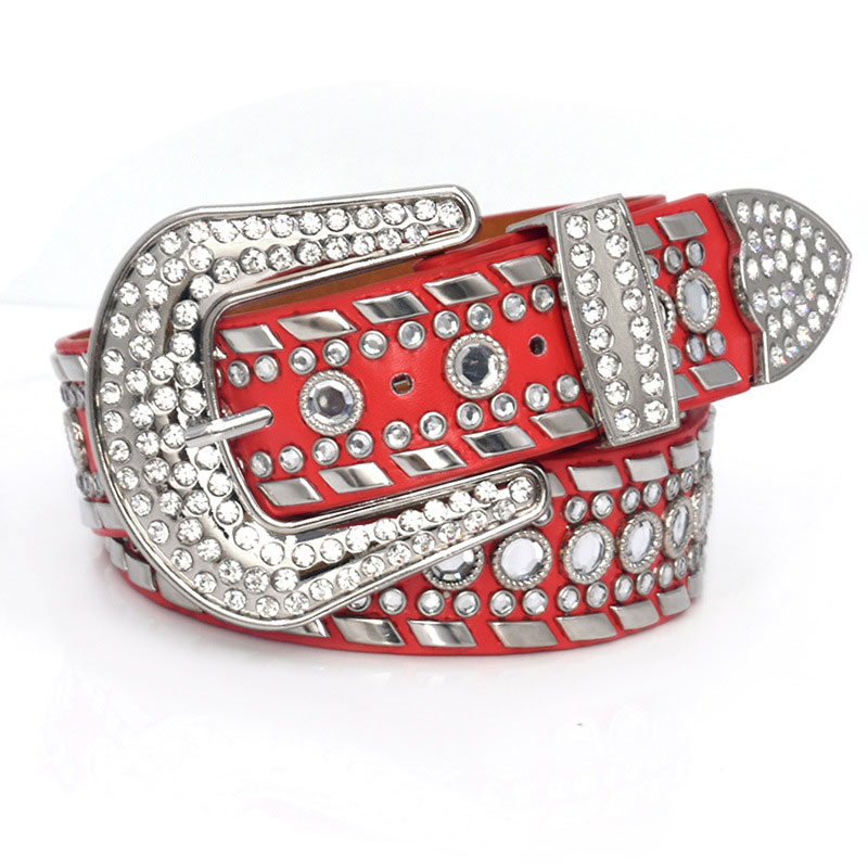 Manufacture New Designer Custom Rhinestone Diamond Stone Red Pu Leather Crystal Dna Belt Multi Color Choice For Men And Women 
