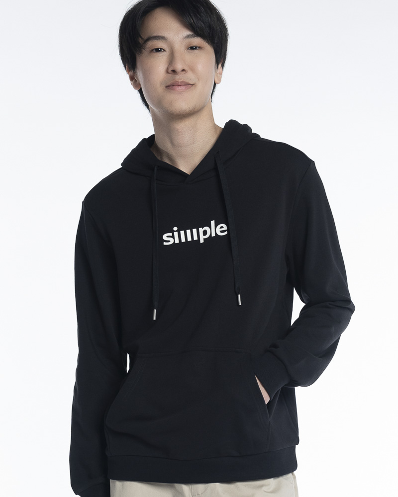 Yishion Men Solid Colour Pullover Hoodie with Kangaroo Pockets and SIMPLE Slogan Patch (Black)