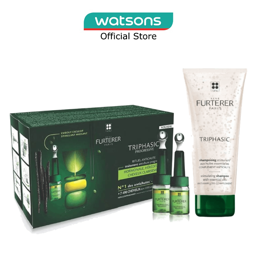 RENE FURTERER Triphasic Progessive Anti Hair Loss Set (Triphasic Serum 16Amp + Triphasic Stimulating Shampoo 200Ml)