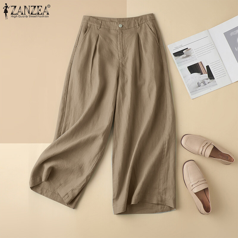 ZANZEA Womens Cotton Linen Wide Leg Long Pants Casual Pleated Solid School Trousers #2