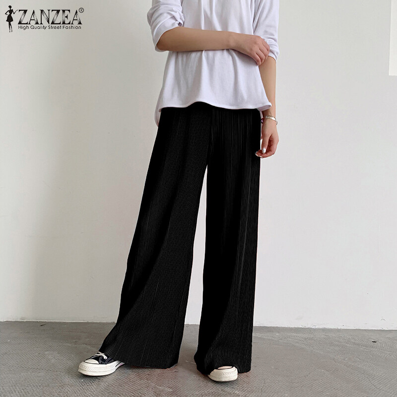 ZANZEA Korean Style Womens Elastic Waist Casual Long Pants Wide Leg Pleated Trousers